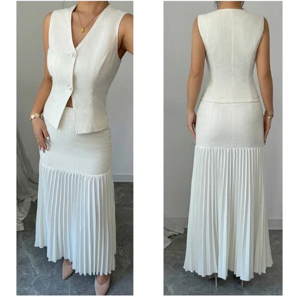 Classic Solid Botton Vest High Waisted Maxi Skirt Set - Picture 2 of 3